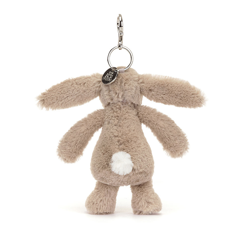Back view of Jellycat Blossom Beige Bunny ‘Petal’ Bag Charm, featuring the soft fabric and keyring attachment.