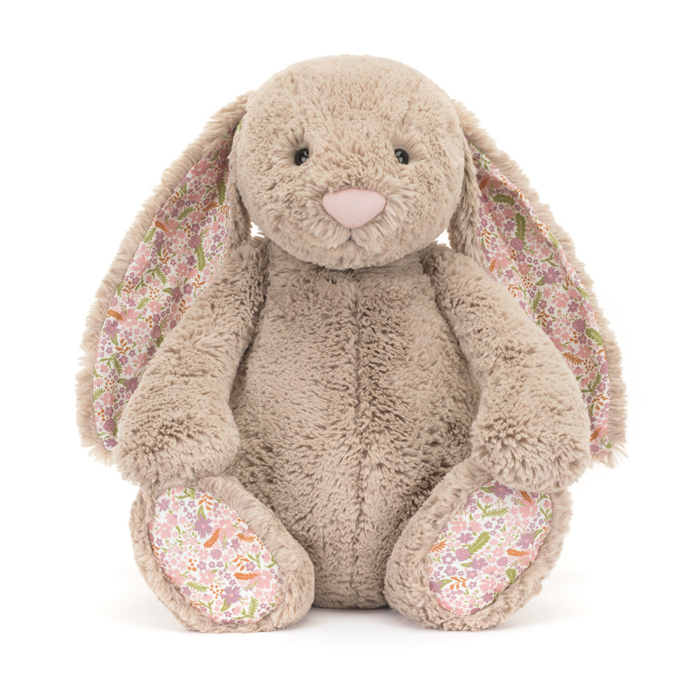 Front view of Jellycat Blossom Beige Bunny ‘Petal’ with floppy floral ears, a gentle smile, and detailed plush design.