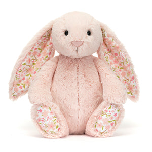 Front view of Jellycat Blossom Blush Bunny ‘Cherry’, showcasing its soft blush pink fur and floral-patterned ears.