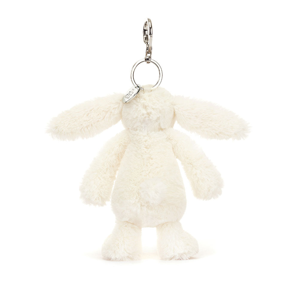 Back view of Jellycat Blossom Cream Bunny ‘Berry’ Bag Charm, featuring the soft fabric and keyring attachment.