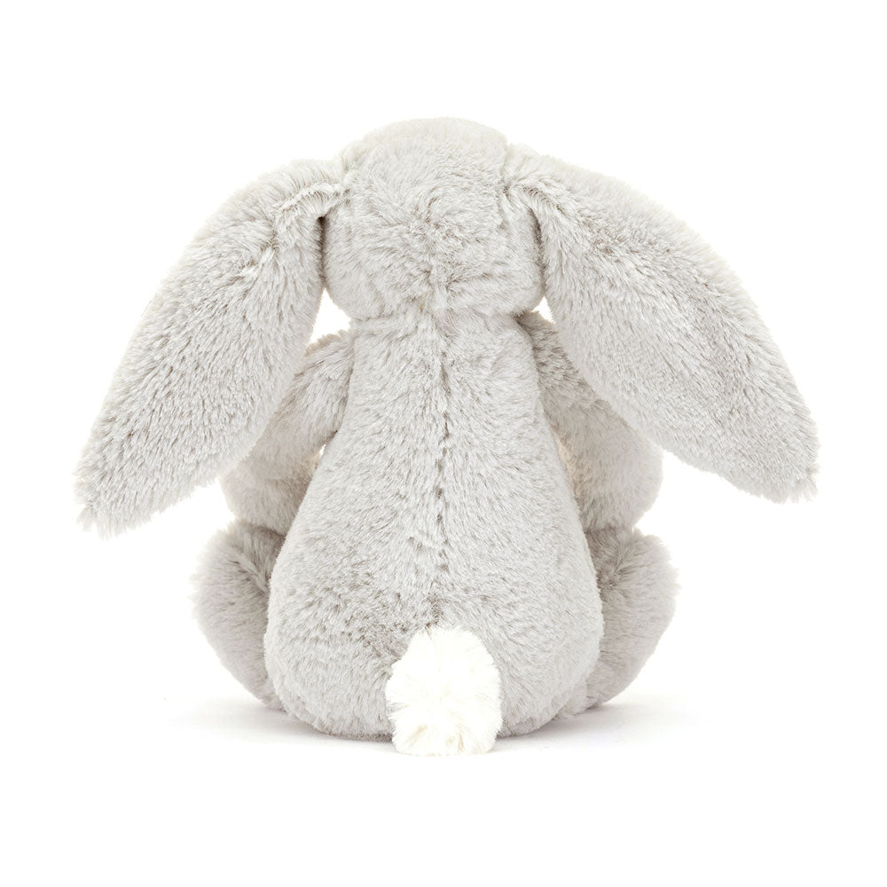 Back view of Jellycat Blossom Silver Bunny ‘Bloom’, featuring its plush body and fluffy tail.