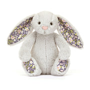 Front view of Jellycat Blossom Silver Bunny ‘Bloom’, showcasing its soft silver fur and floral-patterned ears.