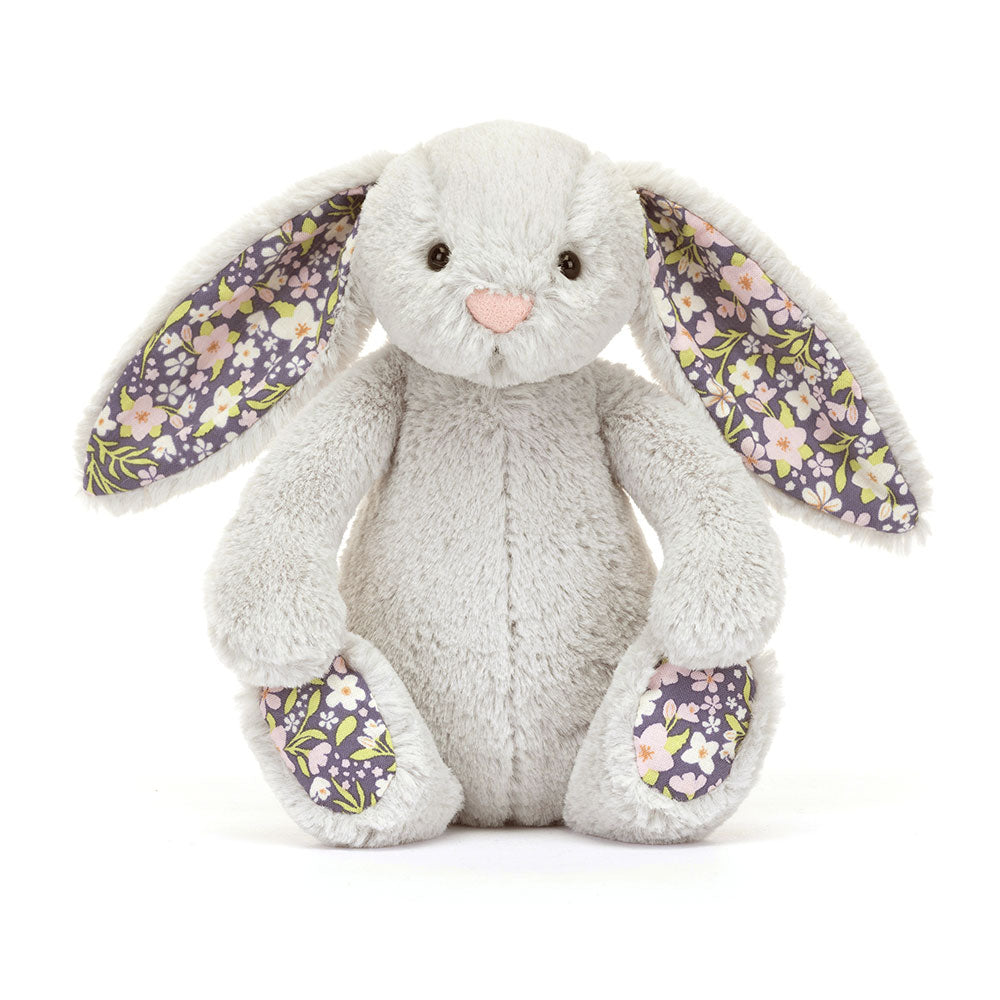 Front view of Jellycat Blossom Silver Bunny ‘Bloom’, showcasing its soft silver fur and floral-patterned ears.