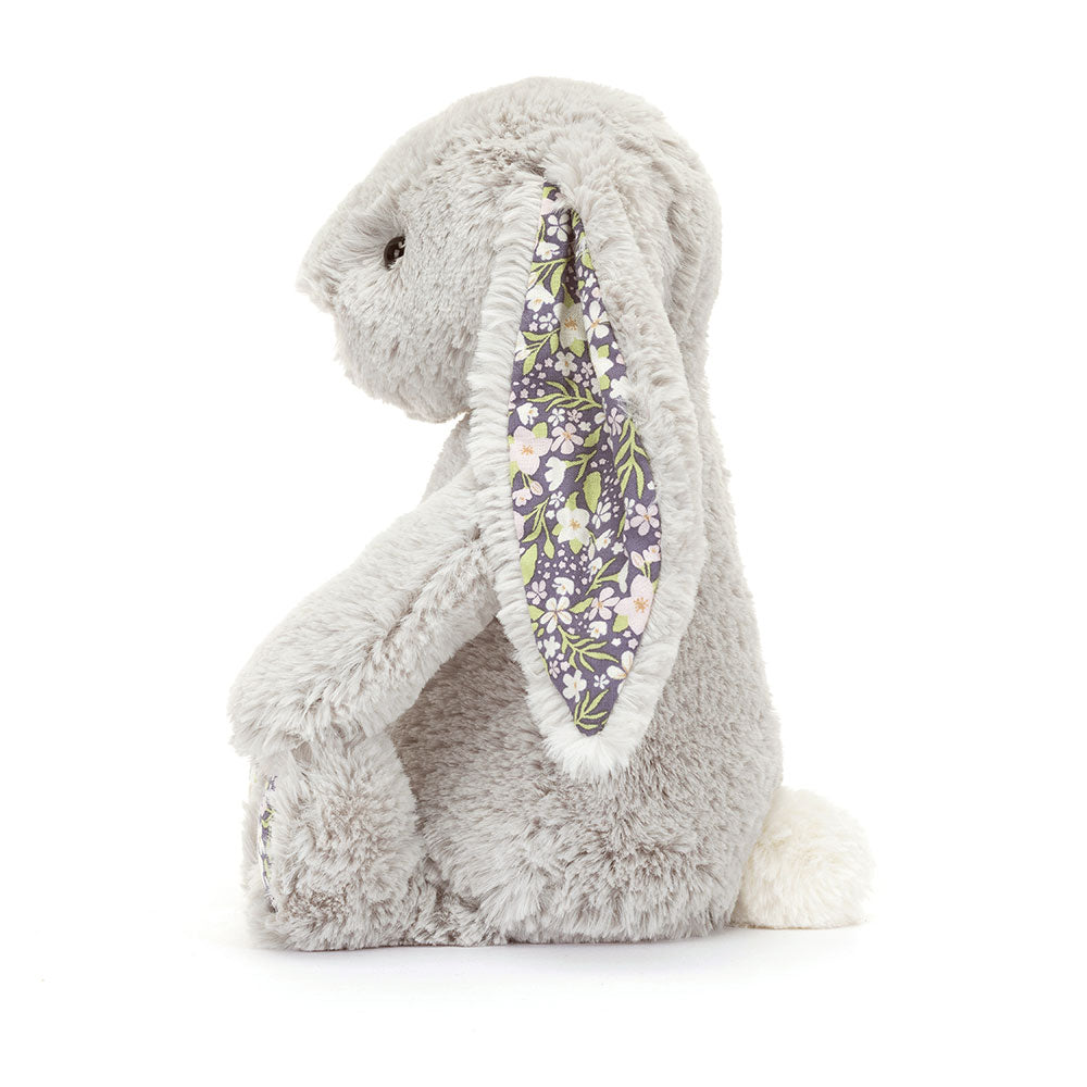 Side view of Jellycat Blossom Silver Bunny ‘Bloom’, showing its soft body and adorable profile.