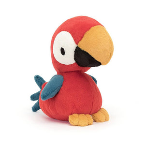  Fiery red Jellycat Bodacious Beak Parrot struts his stuff, showing quirky beak & inksplash tail - a fun & feathery friend.