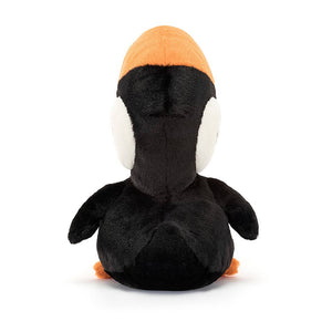 A rear view of the playful Jellycat Bodacious Beak Toucan, showcasing its soft orange claws, perky tail feathers, and perfect size for hugs.