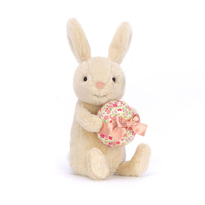 Jellycat Bonnie Bunny with Egg, a plush bunny with floppy ears and a soft pastel egg accessory, shown from the front.