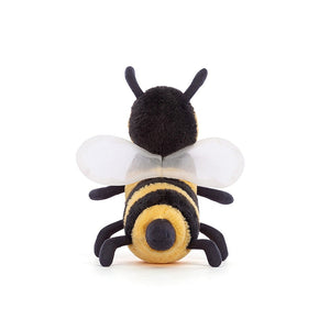 A rear view of Jellycat Brynlee Bee showing both of his white mesh wings.