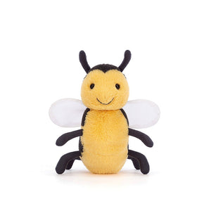  A close up of Jellycat Brynlee Bee has golden fur, black velvet stripes. Brynlee has adorable little black antennae.