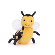 Jellycat Brynlee Bee has golden fur, black velvet stripes. Brynlee has adorable little black antennae.