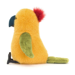 Side view of Jellycat Budgeby Parrot showing soft green wings and bright red feather tuft.