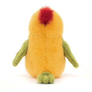 Back view of Jellycat Budgeby Parrot soft toy with fluffy yellow body and green tail.