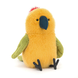 Jellycat Budgeby Parrot plush toy with yellow body, green wings, and red crest – front view.