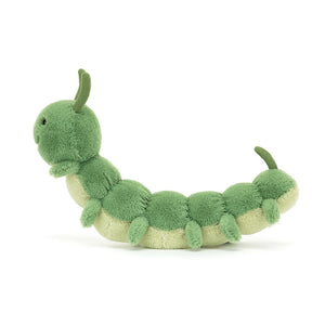 Side view of Jellycat Carys Caterpillar, demonstrating its full length and the unique texture of its pale green and cream fur.