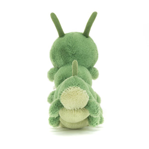 Back view of Jellycat Carys Caterpillar, showing the complete design and the subtle shading of its fur.