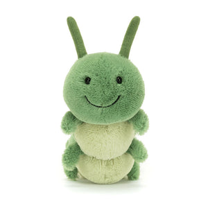 Front view of Jellycat Carys Caterpillar, highlighting its friendly face and adorable button eyes.