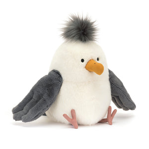  Cheeky Jellycat Chip Seagull with floppy wings and a bright mustard colored beak, ready for seaside adventures.