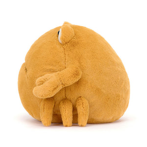 Side View: Side profile of the playful Jellycat Chrissie Crab. Highlights the perfect size for playtime (suitable from birth!), the soft, huggable texture, and the captivating details like the googly eyes, embroidered claws, and numerous cuddly legs for imaginative play!  