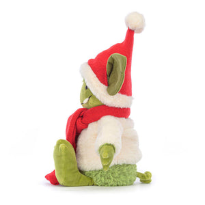 Back view of Jellycat Christmas Grizzo highlighting its plush green fur and holiday details.