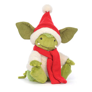 Front view of Jellycat Christmas Grizzo plush toy with fuzzy green fur and a red Santa hat.