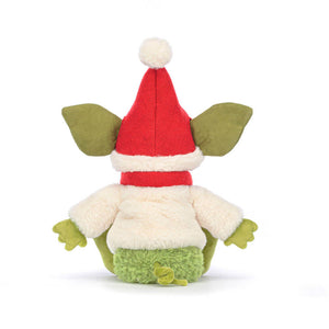 Side view of Jellycat Christmas Grizzo showing its festive Santa hat and soft, huggable shape.