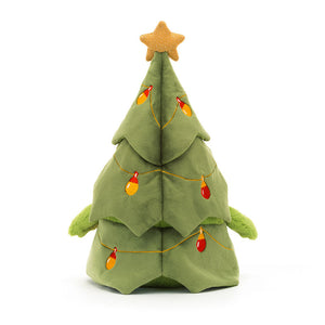 Rear view of Jellycat Christmas Tree Ricky Rain Frog soft toy featuring layered green tree branches decorated with stitched Christmas lights and a gold star.