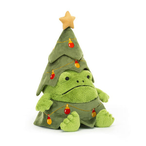 Product slightly to an angle: Jellycat Christmas Tree Ricky Rain Frog plush toy in profile, showing his green costume and star-topped hat.