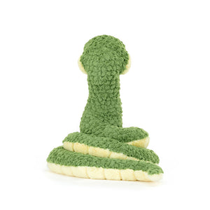 Rear View: Jellycat Cizi Snake, a plush green and yellow snake.