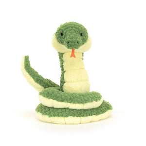 Front View: Jellycat Cizi Snake, a green and yellow snake with a smiling face and forked tongue.