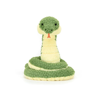 Front View: Jellycat Cizi Snake, a green and yellow snake with a smiling face and forked tongue.