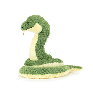 Side View: Jellycat Cizi Snake, a green and yellow snake with a smiling face and forked tongue.