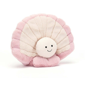 Jellycat children's toy in the shape of a pink clam called clemmie.