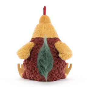  Rear view of Jellycat Cluny Cockerel, emphasizing its fluffy green tail and vibrant red comb.