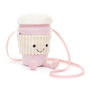 Jellycat Amuseables Coffee-To-Go Pink Bag, a soft and cuddly plush toy shaped like a coffee bag.