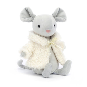 A luxuriously soft Jellycat Comfy Coat Mouse, tilted playfully, with its fluffy clotted cream coat and primrose ribbon. 