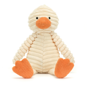 Super-Soft Squishy Friend: A Jellycat Cordy Roy Baby Duckling facing forward, showcasing its luxuriously soft corduroy fabric. 