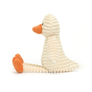  A side view of the Jellycat Corduroy Baby Duckling, in cream corduroy and orange features, showing its ideal size for little ones to hold close.