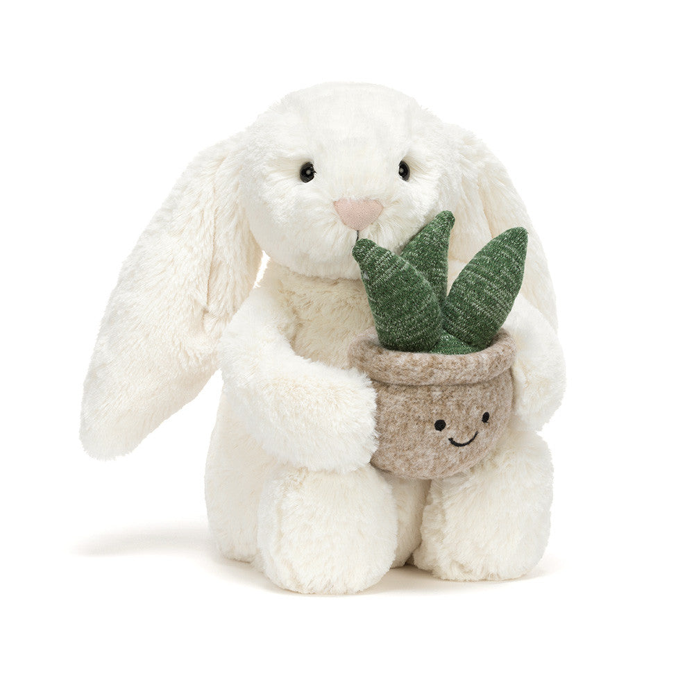 Jellycat Cream Bunny with Plant soft toy front view on white background