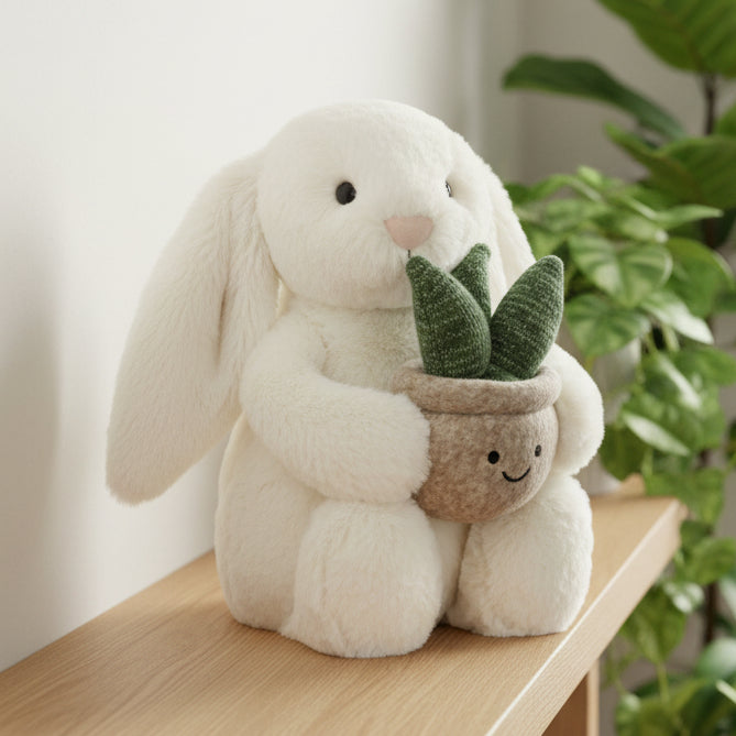 Jellycat Cream Bunny with Plant soft toy front view on white background