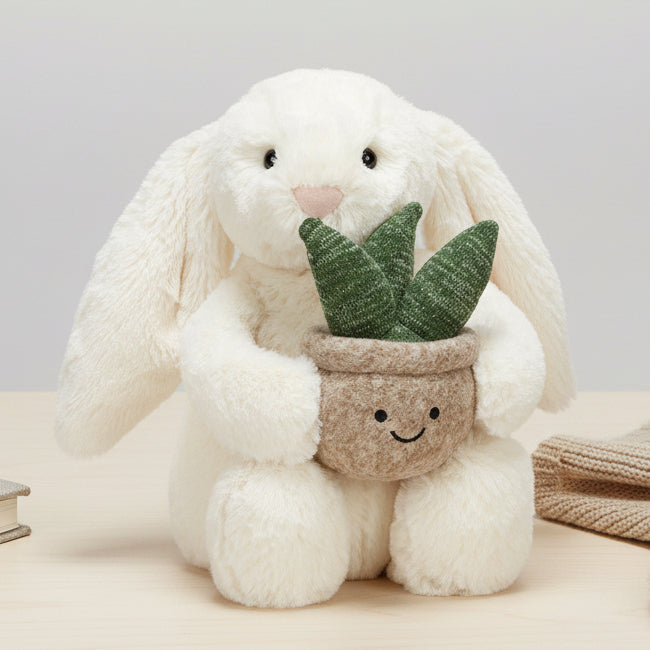 Jellycat cream bunny holding smiley potted plant on wooden surface