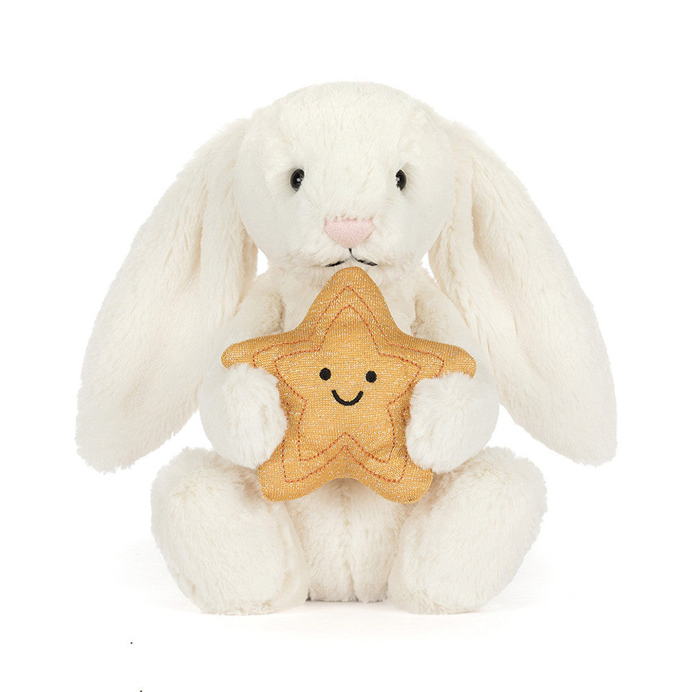 Cream Bashful Bunny holding gold smiley star front view close-up