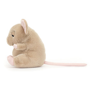 Aww-worthy Jellycat Cuddlebud Darcy Dormouse in profile, showcasing her soft caramel plush, squidgy tummy, and curved pink tail. Her pink suedette toes and sleepy expression add to her charm.