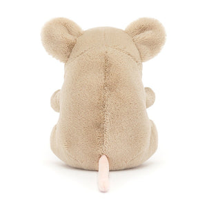 Ready for cuddles! A sleepy Jellycat Cuddlebud Darcy Dormouse, seen from behind, with her pink tail leading the way. The soft caramel plush and pink suedette toes make her an irresistible cuddle companion.