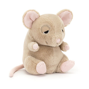 A sleepy Jellycat Cuddlebud Darcy Dormouse, tilted at an angle, with her round pink ears outstretched. She boasts caramel plush, a curved pink tail, and pink suedette toes.