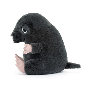 Side view of Jellycat Cuddlebud Morgan Mole plush, showcasing its cylindrical body shape and cute pink claws.