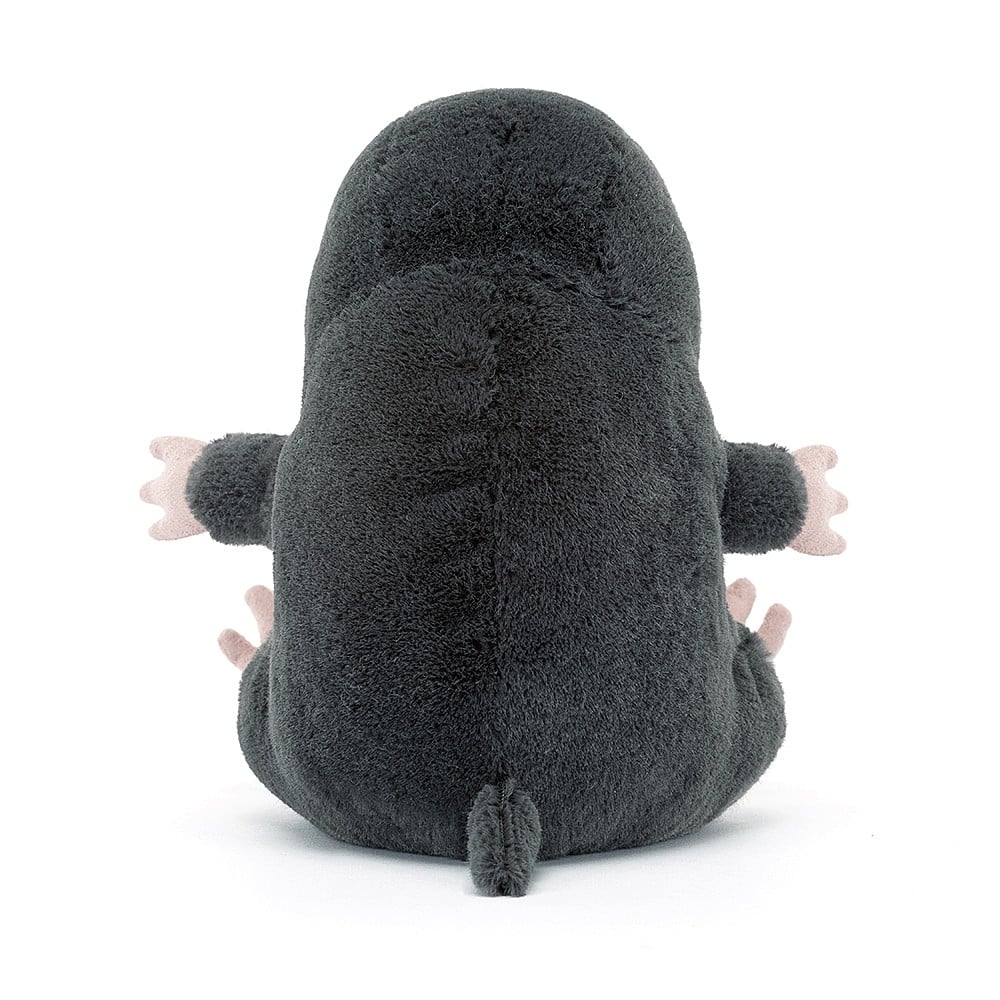 Jellycat Cuddlebud Morgan Mole plush from the back, emphasizing its soft, rounded shape and textured blue-black fur.