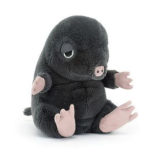 Jellycat Cuddlebud Morgan Mole plush with blue-black fur, pink claws, and drooping eyelids, posed at a slight angle.