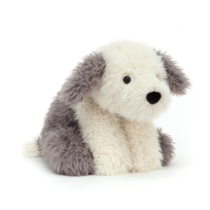 Children's soft toy from Jellycat in the form of a grey and white sheep dog called Curvie.