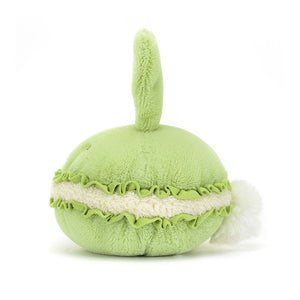 Tea party perfection! This side angle showcases the unique design of the Jellycat Dainty Dessert Bunny Macaron, from its tousled ears to its fluffy cream filling.