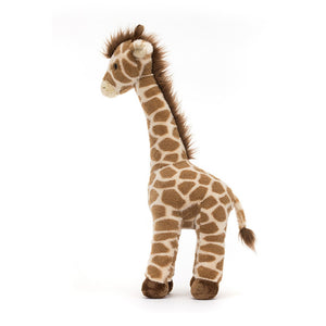 Cuteness in profile: This image of Jellycat Dara Giraffe emphasizes her mottled fur, weighted hooves, and charming demeanor. Perfect for playtime adventures.
